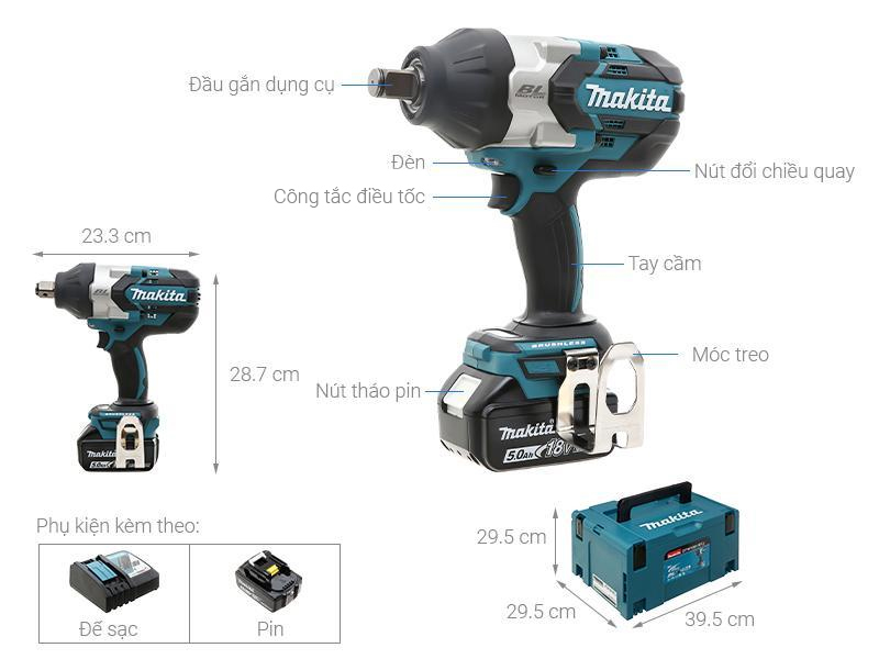 Máy siết bu lông pin Makita DTW1001RTJ 18V (2 pin, 1 sạc)