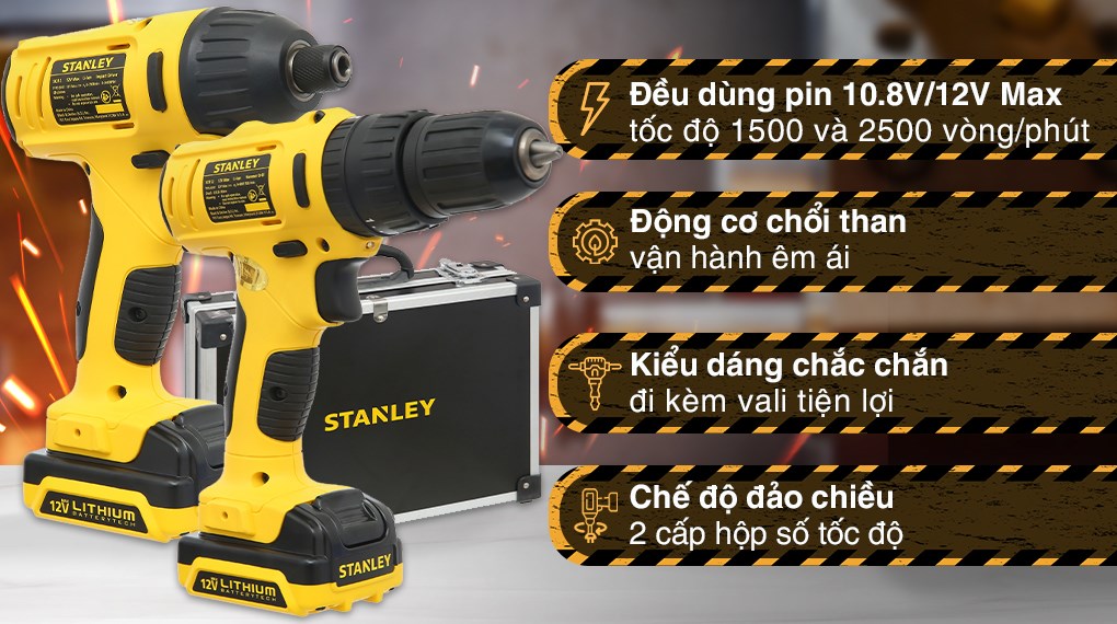 Bộ 2 máy khoan động lực pin Stanley SCHI121S2FK-B1 12V (2 pin, 1 sạc)