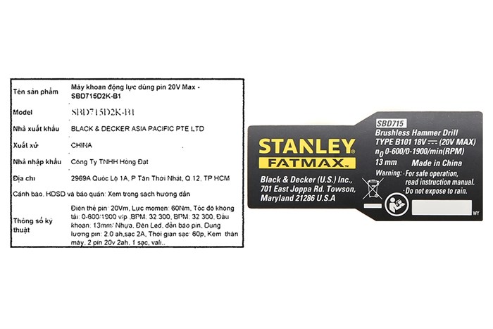 Máy khoan động lực pin Stanley SBD715D2K-B1 20V (2 pin 2 Ah, 1 sạc)