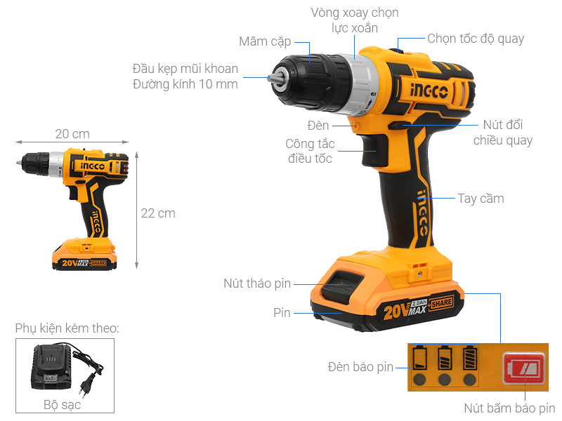 Máy khoan vặn vít pin Ingco CDLI20024 20V