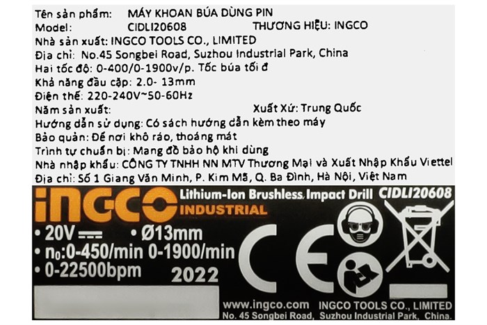 Máy khoan búa pin Ingco CIDLI20608 20V (2 pin) Màu Đen - Vàng