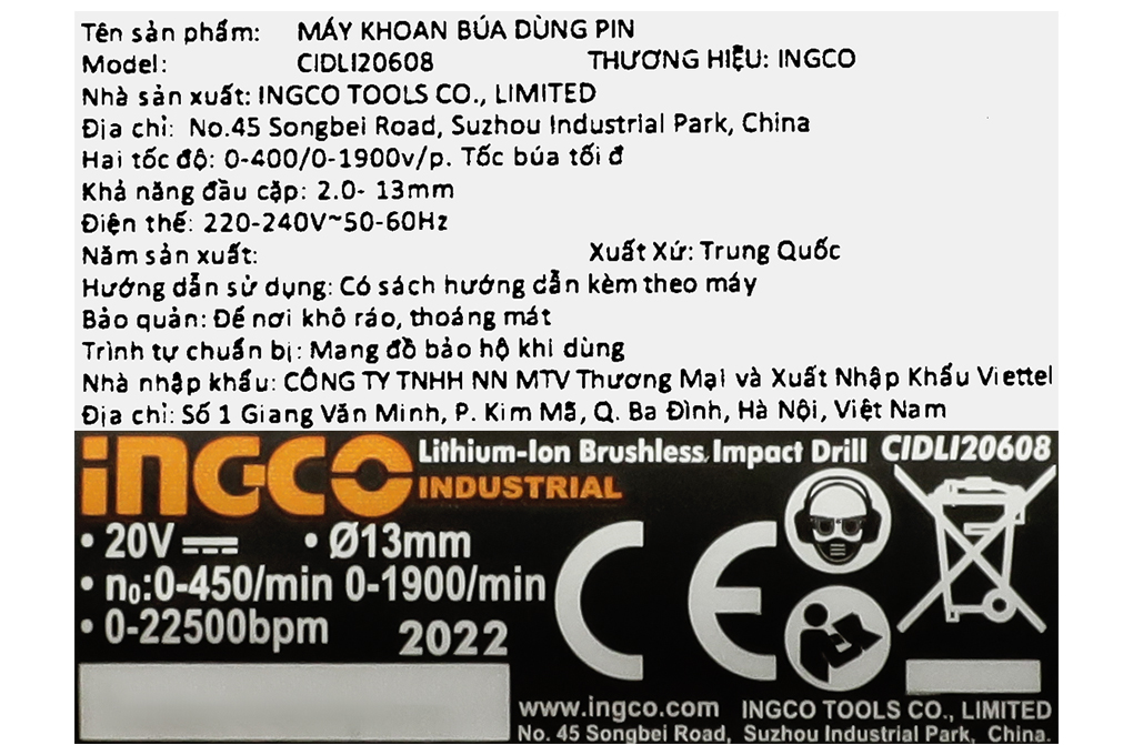 Máy khoan búa pin Ingco CIDLI20608 20V (2 pin) Màu Đen - Vàng