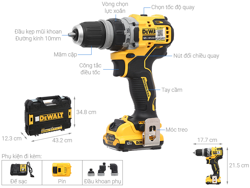 Bộ máy khoan đa năng pin Dewalt DCD703D2-B1 12V (2 pin, 1 sạc)
