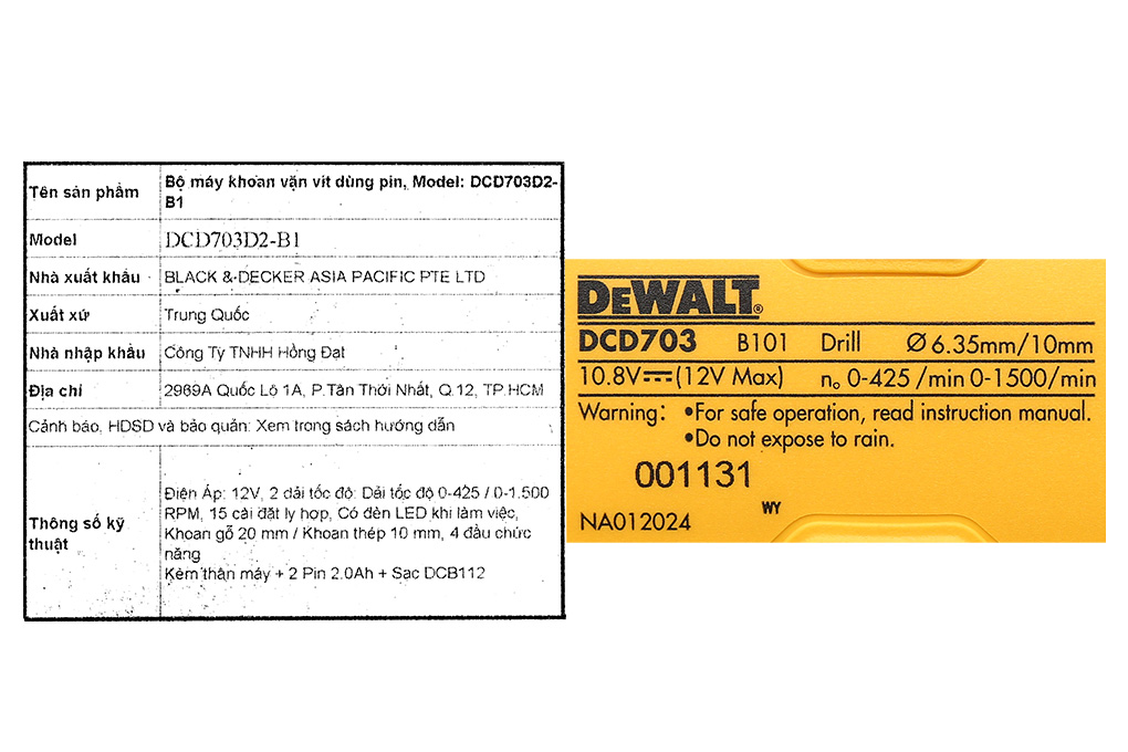 Bộ máy khoan đa năng pin Dewalt DCD703D2-B1 12V (2 pin, 1 sạc) Màu Đen - Vàng