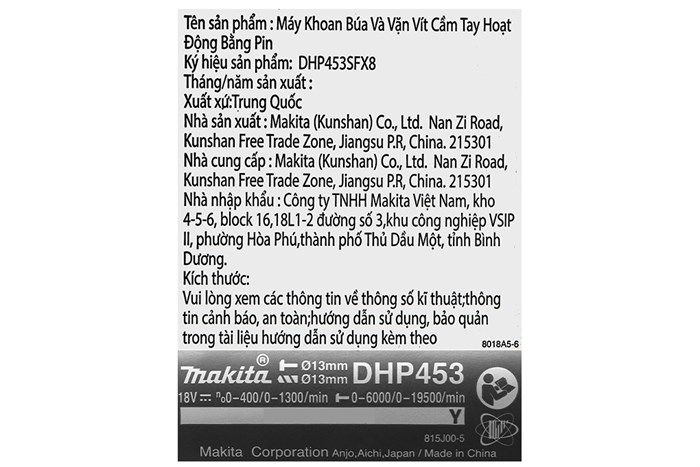 Máy khoan vặn vít động lực pin Makita DHP453SFX8 18V (1 pin, 1 sạc)