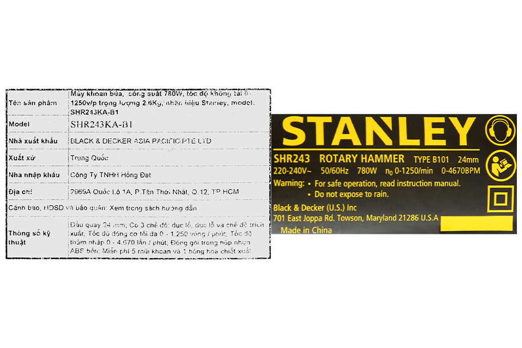 Máy khoan búa điện Stanley SHR243KA-B1 780W Màu Đen - Vàng