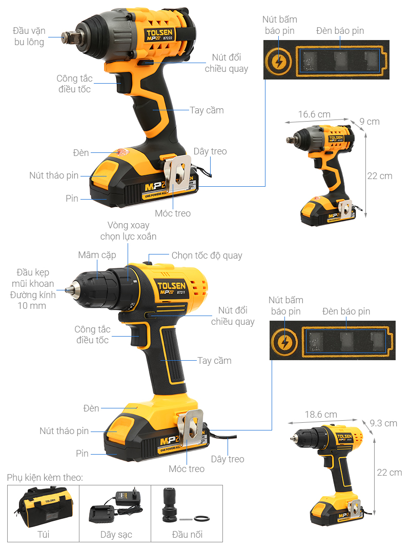 Bộ 2 máy khoan pin và máy vặn bu lông pin Tolsen 87240 20V