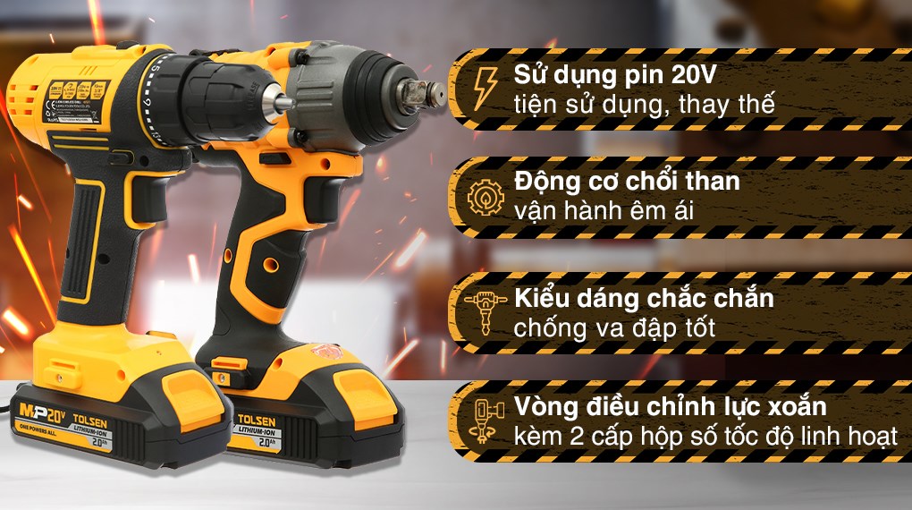 Bộ 2 máy khoan pin và máy vặn bu lông pin Tolsen 87240 20V
