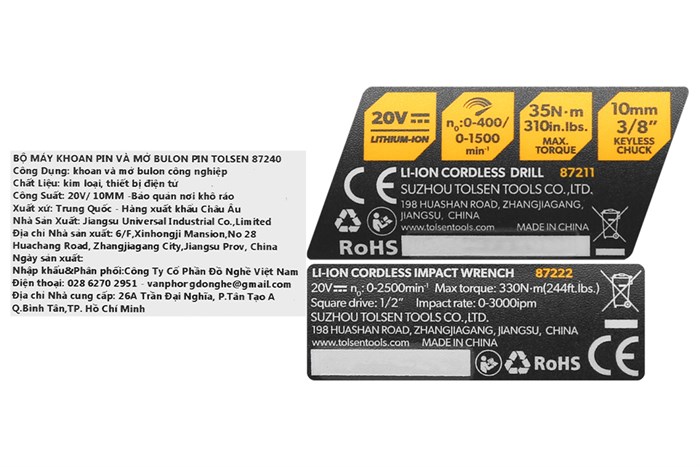 Bộ 2 máy khoan pin và máy vặn bu lông pin Tolsen 87240 20V Màu Đen - Vàng
