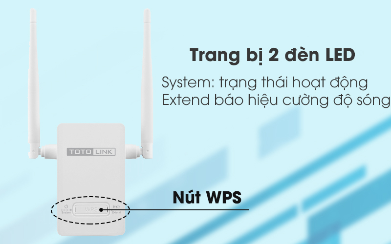 Bộ Mở Rộng Sóng Wifi AC220V Totolink EX201 trắng có hai đèn LED báo và nút WPS tiện lợi