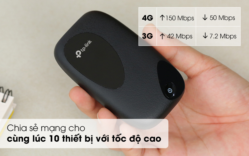 Chia sẻ mạng cho 10 thiết bị cùng lúc với tốc độ cao - Bộ Phát Wifi Di Động 4G LTE TP-link M7200 Đen