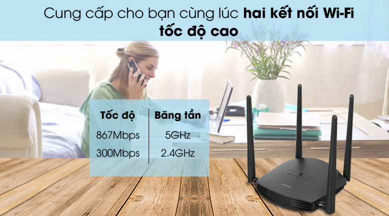 2 băng tần tốc độ cao - Router Wifi Chuẩn AC1200 Băng Tần Kép Totolink A800R Đen