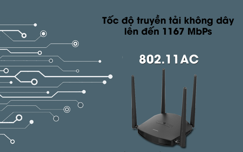 Chuẩn kết nối tân tiến - Router Wifi Chuẩn AC1200 Băng Tần Kép Totolink A800R Đen