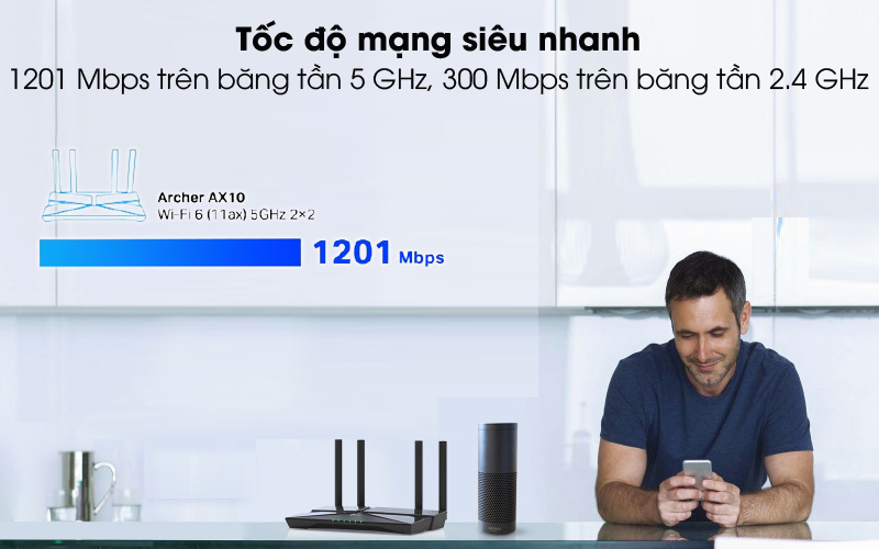 Tốc độ cao - Router Wifi Chuẩn Wifi 6 AX1500 Băng Tần Kép TP-Link Archer AX10 Đen