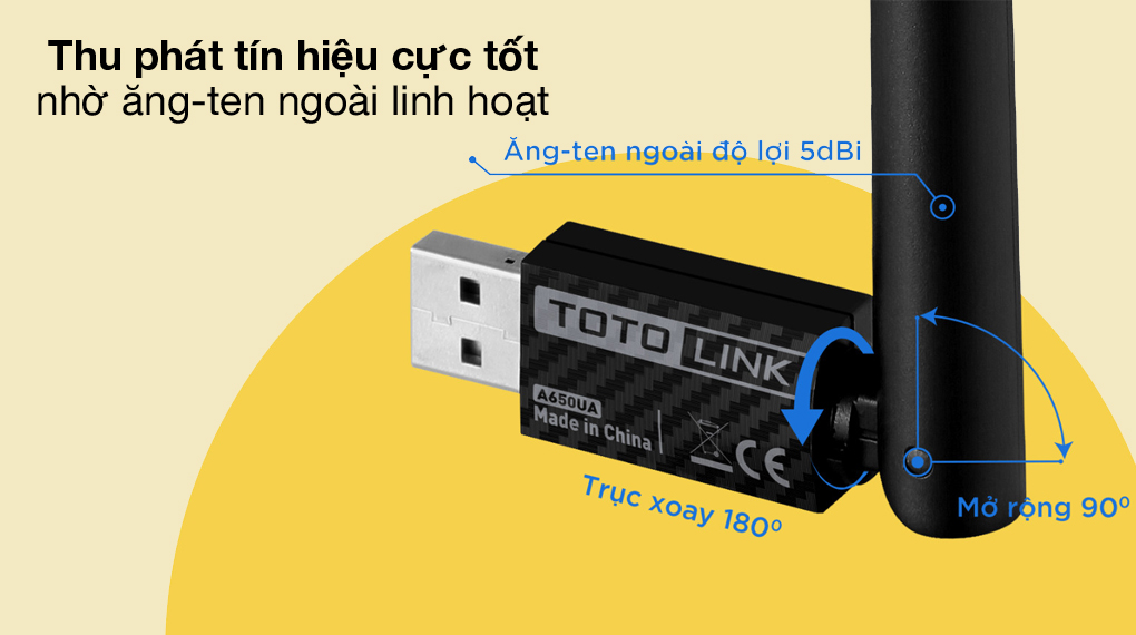 Ăng-ten linh hoạt - USB Wifi AC650 Mbps Totolink A650UA