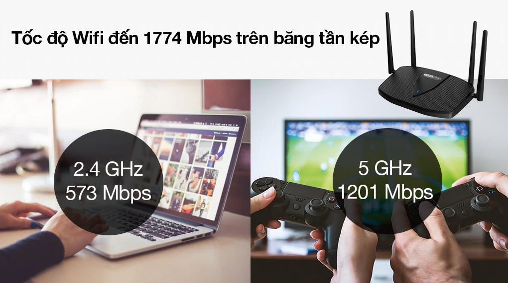 Bộ Phát Sóng Wifi Router Chuẩn Wifi 6 AX1800 Totolink X5000R Gigabit Đen - Tốc độ truy cập internet lên đến 1774 Mbps trên băng tần đôi