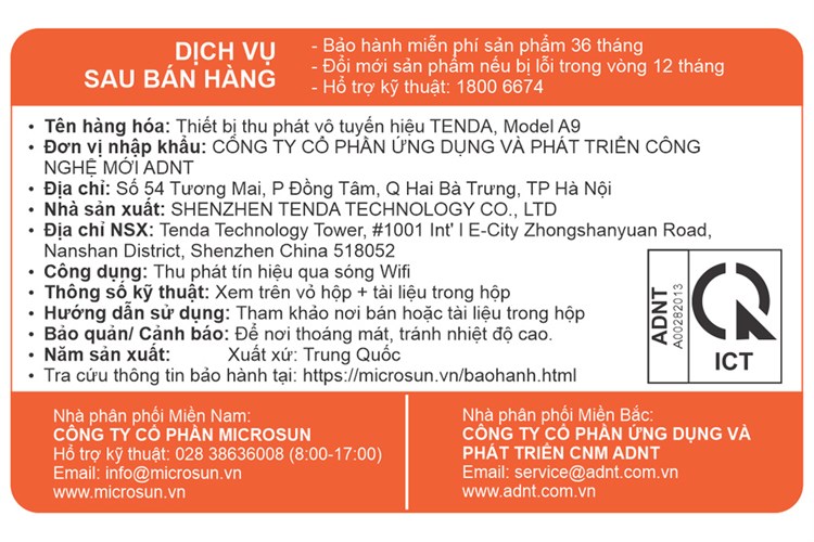 Repeater mở rộng sóng Wifi Chuẩn N Tenda A9 Màu Trắng