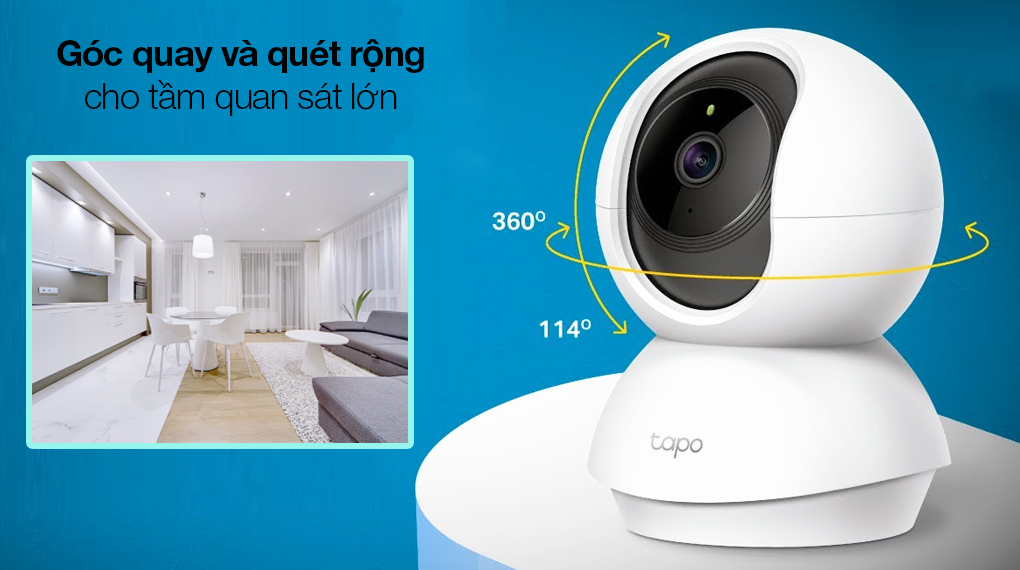 Camera IP 360 độ 3MP TP-Link Tapo C210 - Vùng quan sát trải rộng với góc quay và quét ngang 360 độ, dọc 114 độ