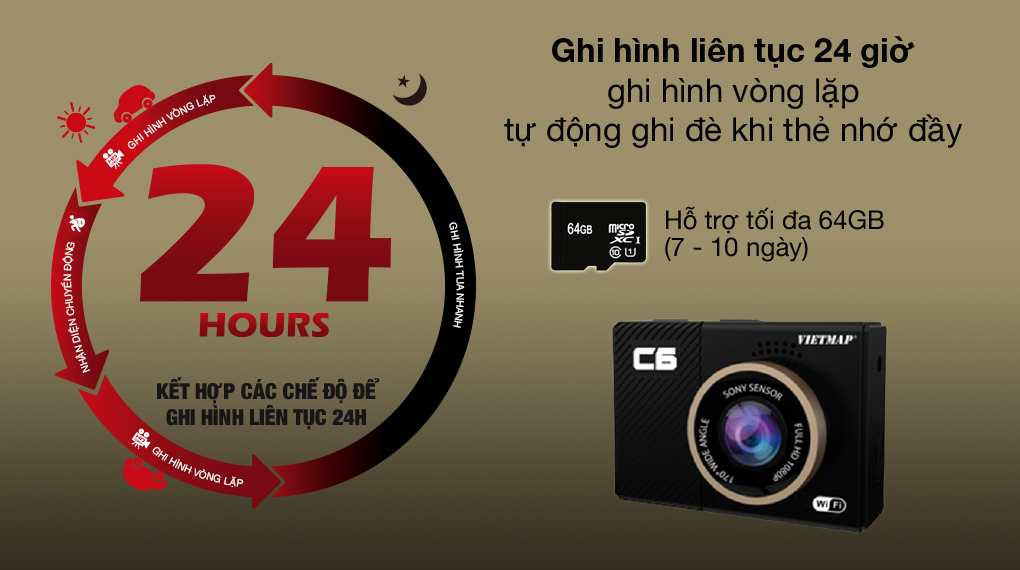 Ghi hình liên tục - Camera Hành Trình Vietmap C6 Đen