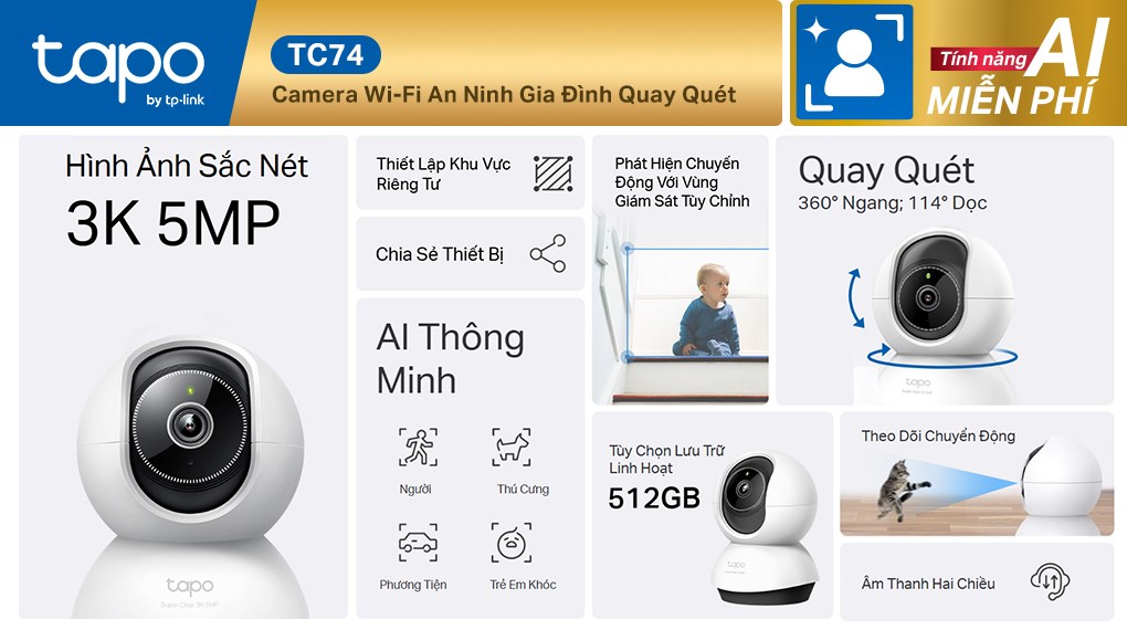 Camera IP 360 Độ 5MP TP-Link Tapo TC74