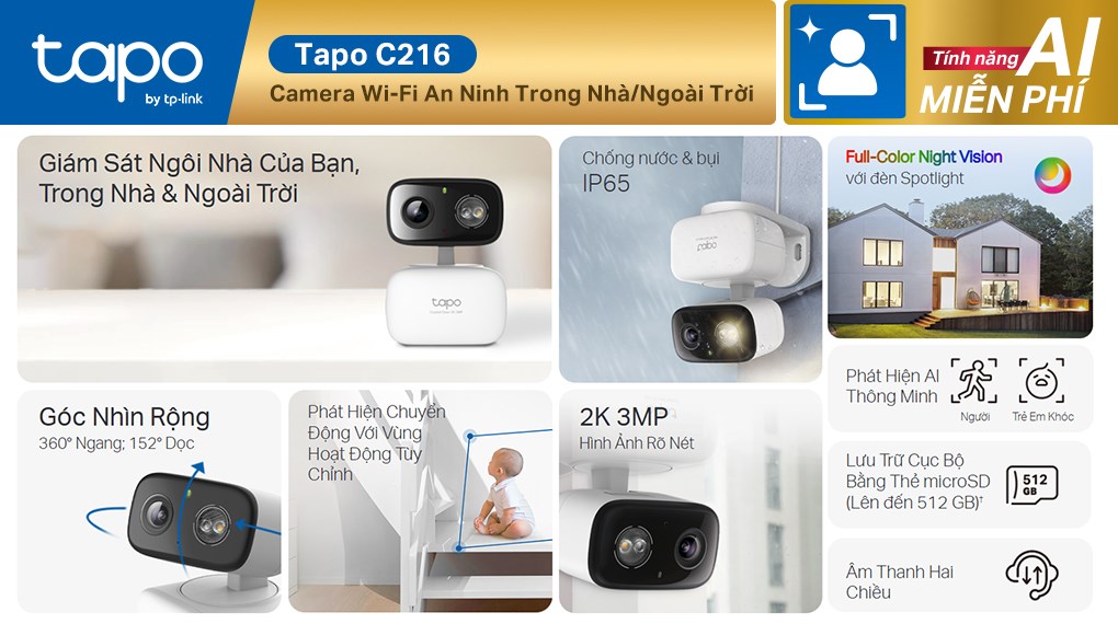 Camera IP Trong nhà và Ngoài trời 360 Độ 3MP TP-Link Tapo C216
