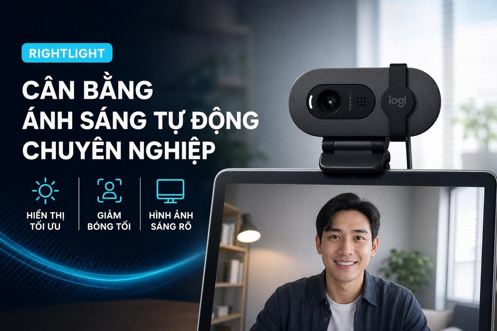Webcam Logitech Brio 100 Full HD - cân bằng ánh sáng tự động