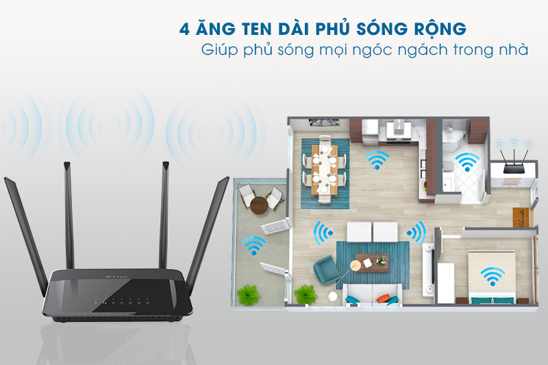 Tích hợp 4 ăng ten băng tần kép gắn ngoài, giúp phủ sóng xa hơn