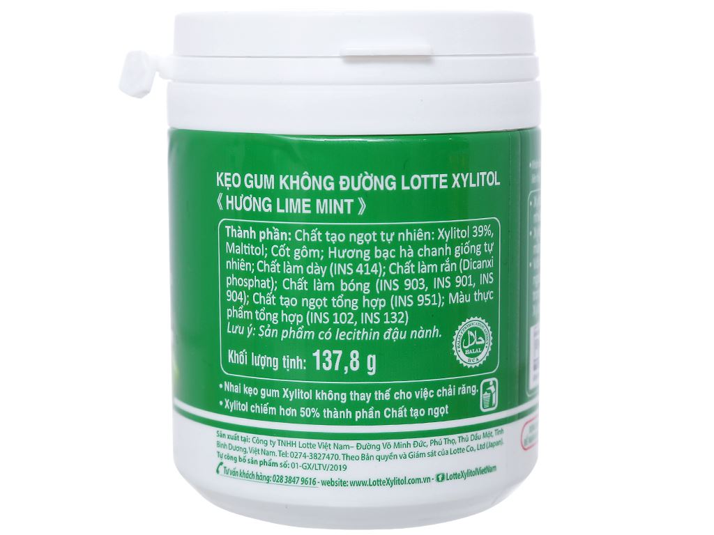 Kẹo gum không đường Lotte Xylitol hương Lime Mint hũ 137.8g 3
