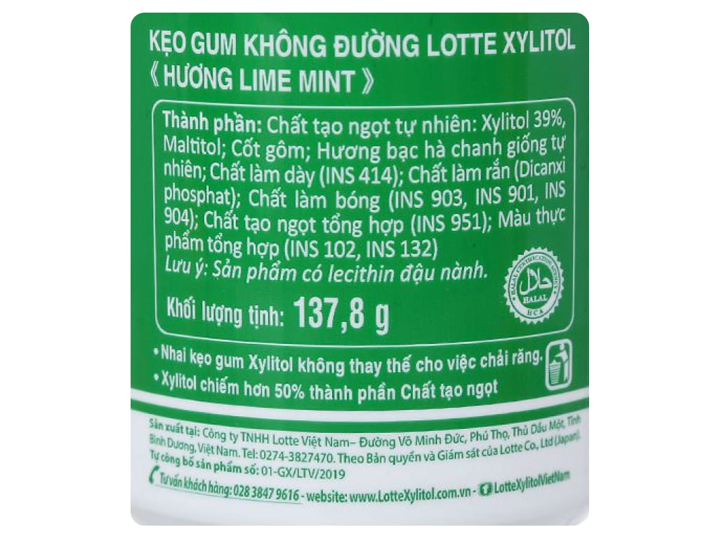 Kẹo gum không đường Lotte Xylitol hương Lime Mint hũ 137.8g 5