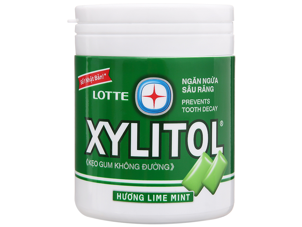 Kẹo gum không đường Lotte Xylitol hương Lime Mint hũ 130.5g