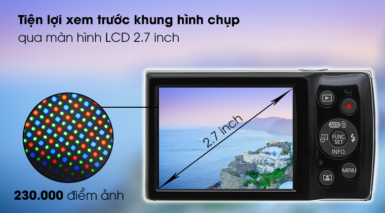 Màn hình LCD 2.7 inch với khoảng 230.000 điểm ảnh - Máy ảnh Compact Canon Ixus 185