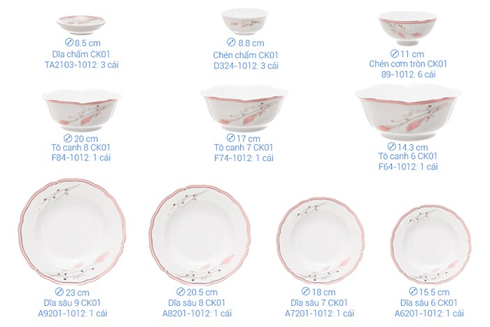 Bộ tô chén đĩa gốm sứ CK 19 món CK01