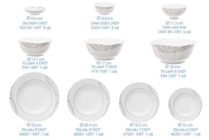 Bộ tô chén đĩa gốm sứ CK 19 món CK07