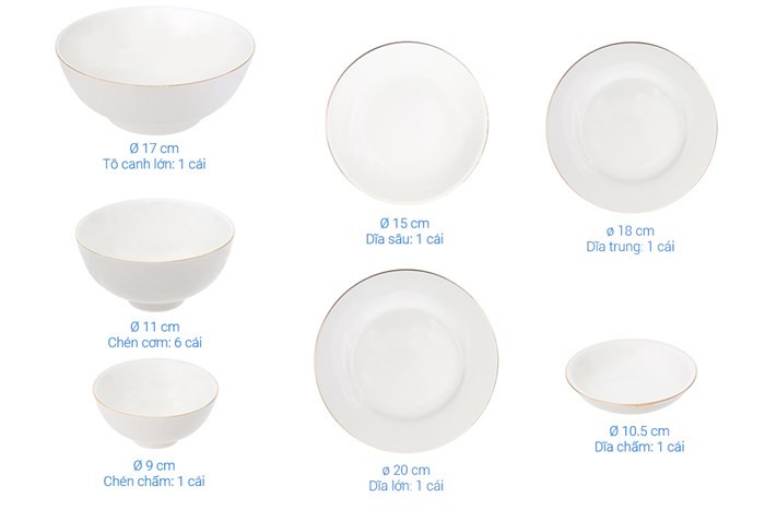 Bộ 12 món tô chén dĩa sứ viền vàng 12K Minh Châu BQ12 Màu Trắng