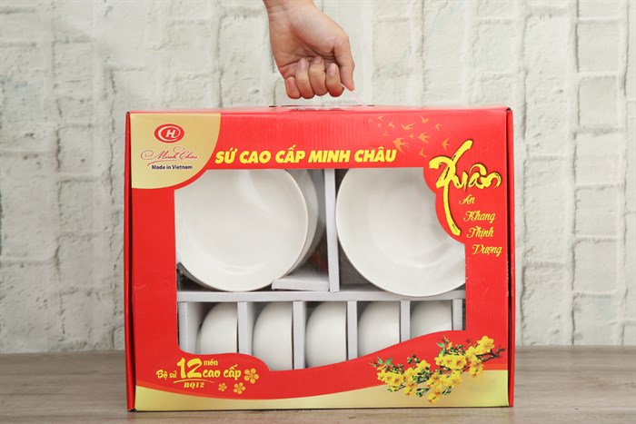 Bộ 12 món tô chén dĩa sứ viền vàng 12K Minh Châu BQ12 Màu Trắng