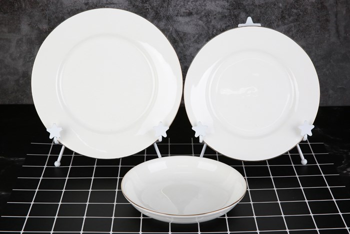 Bộ 12 món tô chén dĩa sứ viền vàng 12K Minh Châu BQ12 Màu Trắng