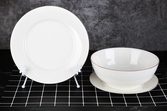 Bộ 12 món tô chén dĩa sứ viền vàng 12K Minh Châu BQ12 Màu Trắng