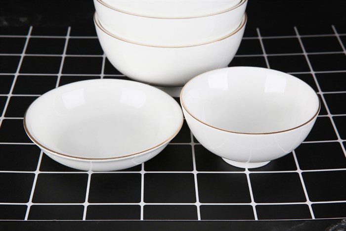 Bộ 12 món tô chén dĩa sứ viền vàng 12K Minh Châu BQ12 Màu Trắng