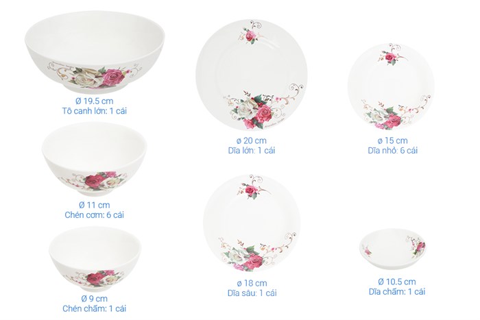 Bộ 17 món tô chén dĩa sứ Minh Châu BQ17 Màu Vàng