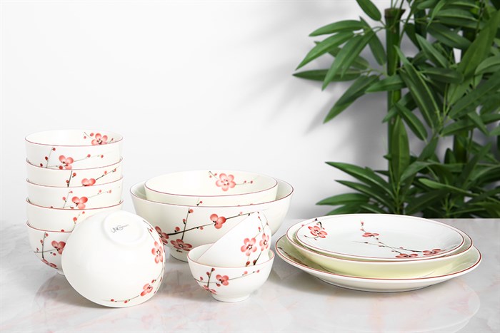 Bộ tô chén dĩa 13 cái UNC UDS132 hoa đào Màu Trắng