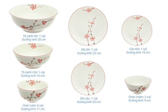 Bộ tô chén dĩa 13 cái UNC UDS132 hoa đào Màu Trắng