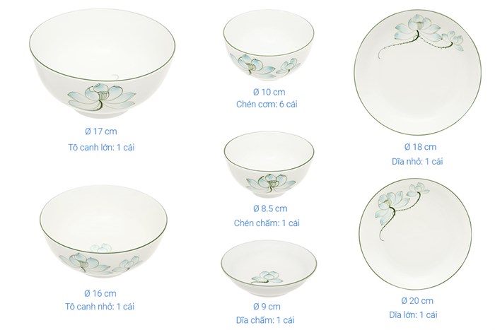 Bộ 12 món tô chén dĩa sứ Bát Tràng UNC DS610 sen xanh Màu Trắng