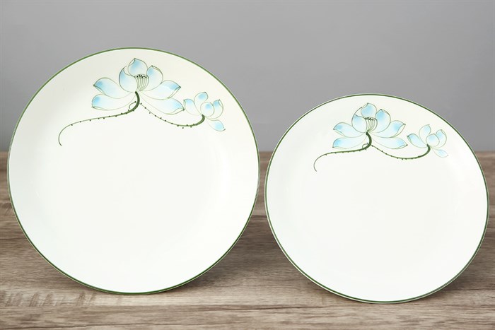 Bộ 12 món tô chén dĩa sứ Bát Tràng UNC DS610 sen xanh Màu Trắng