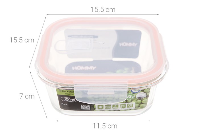 Hộp đựng thực phẩm thủy tinh 800 ml Hommy PF800SQ Màu Cam