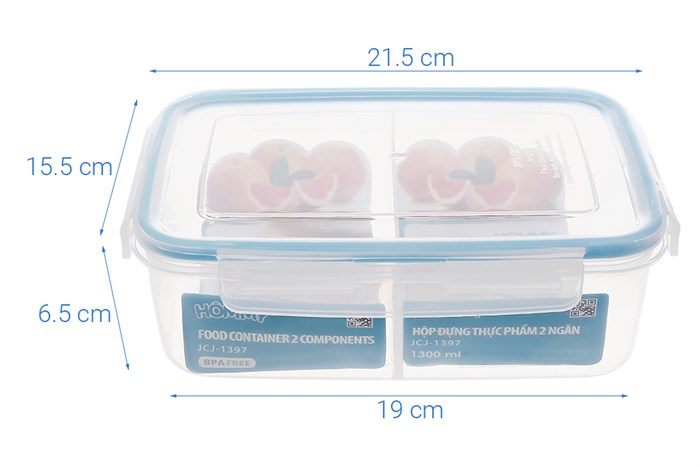Hộp đựng thực phẩm 2 ngăn nhựa 1300 ml Hommy JCJ-1397 Màu Xanh Dương