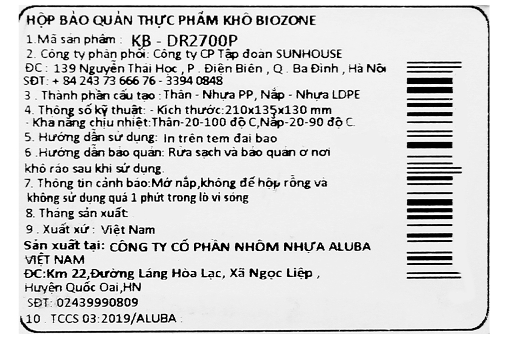 Hộp đựng thực phẩm nhựa 2700 ml Biozone KB-DR2700P