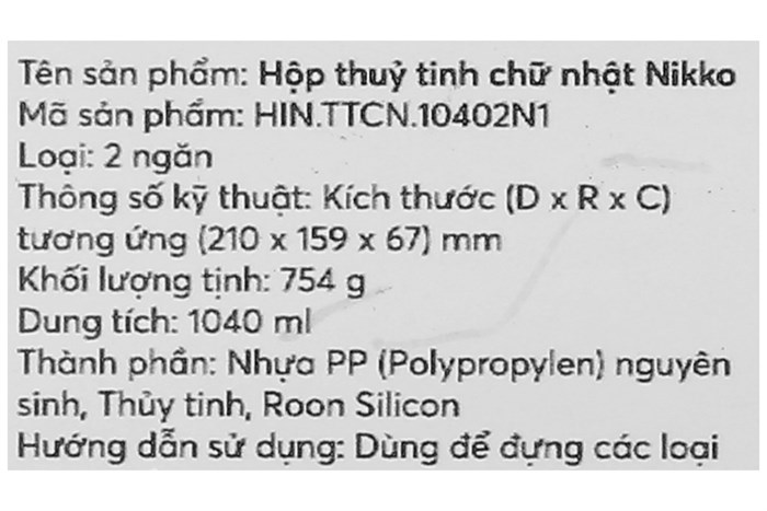 Hộp đựng thực phẩm thủy tinh 2 ngăn 1040 ml Nikko Màu Trắng