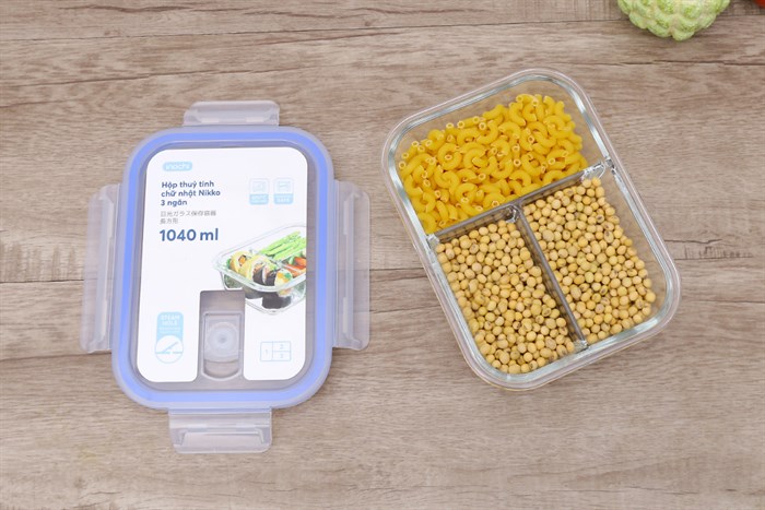 Hộp đựng thực phẩm thủy tinh 3 ngăn 1040 ml Nikko Màu Trắng