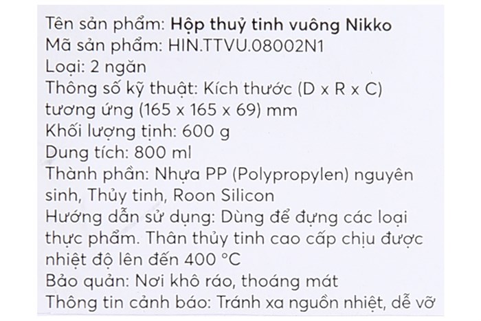 Hộp đựng thực phẩm thủy tinh 2 ngăn 800 ml Nikko Màu Trắng