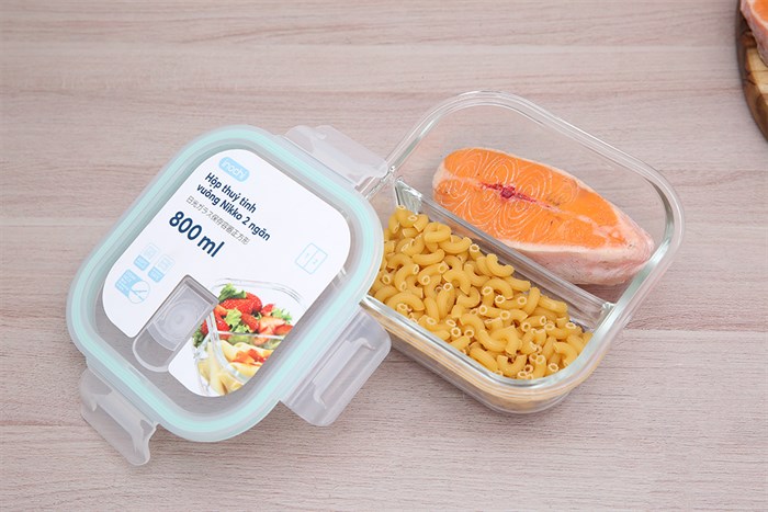 Hộp đựng thực phẩm thủy tinh 2 ngăn 800 ml Nikko Màu Trắng